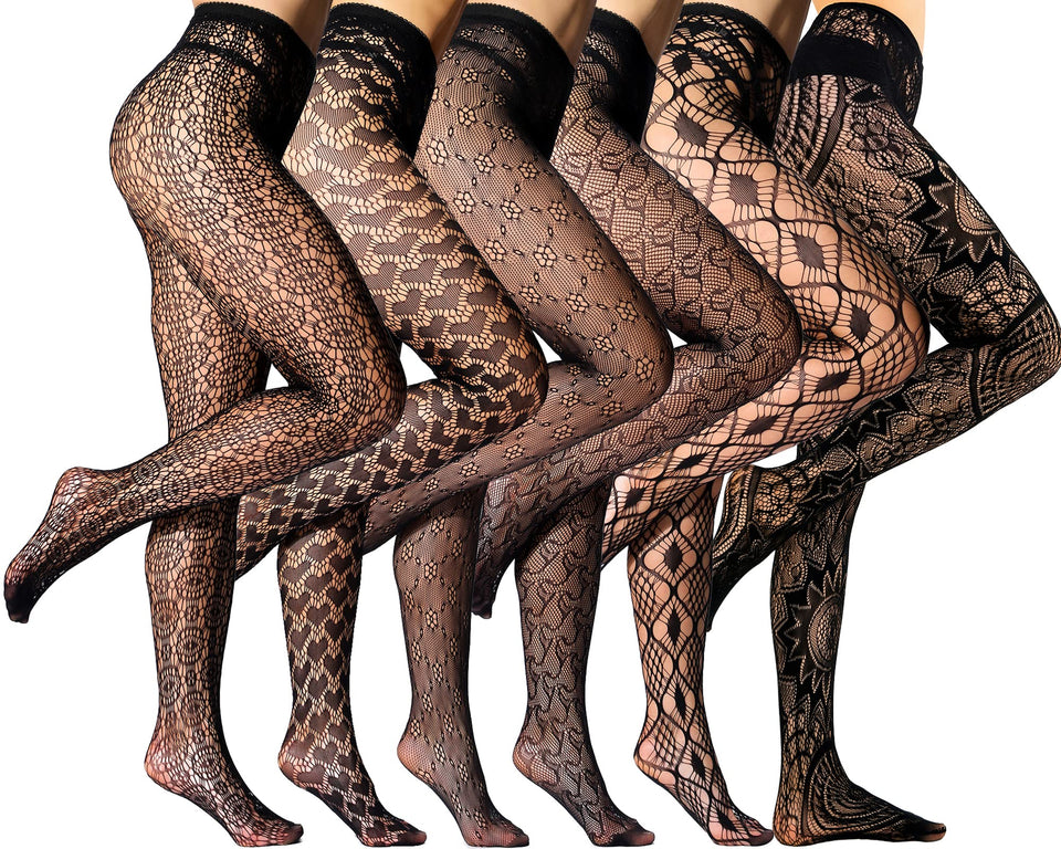 HONENNA Patterned Fishnets Tights Black Pantyhose Stockings for Women, 1-6 Pairs