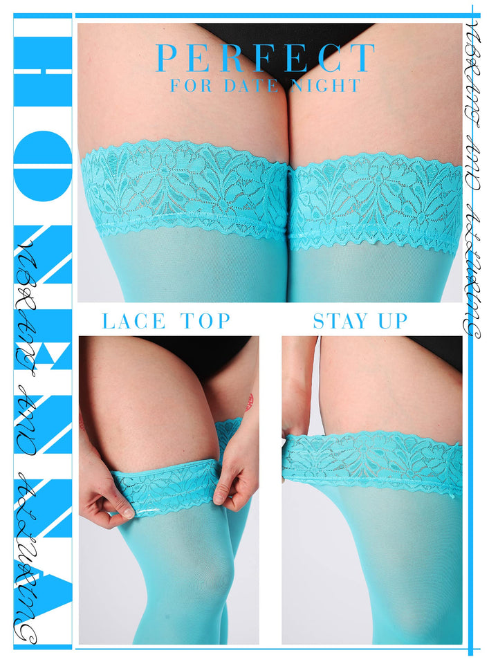 HONENNA Plus Size Thigh High Stockings, Semi Sheer Stay Up Lingerie Lace Top Pantyhose for Curvy Women