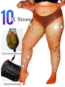 HONENNA Queen Plus Size 10X Strong Rhinestone Fishnet Stockings, Ultra Sparkly High Waist Tights for Women, Party Concert