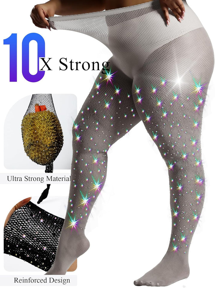 HONENNA Queen Plus Size 10X Strong Rhinestone Fishnet Stockings, Ultra Sparkly High Waist Tights for Women, Party Concert