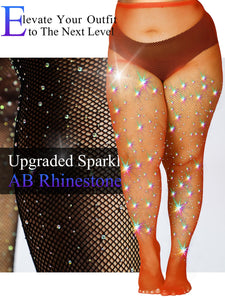 HONENNA Queen Plus Size 10X Strong Rhinestone Fishnet Stockings, Ultra Sparkly High Waist Tights for Women, Party Concert