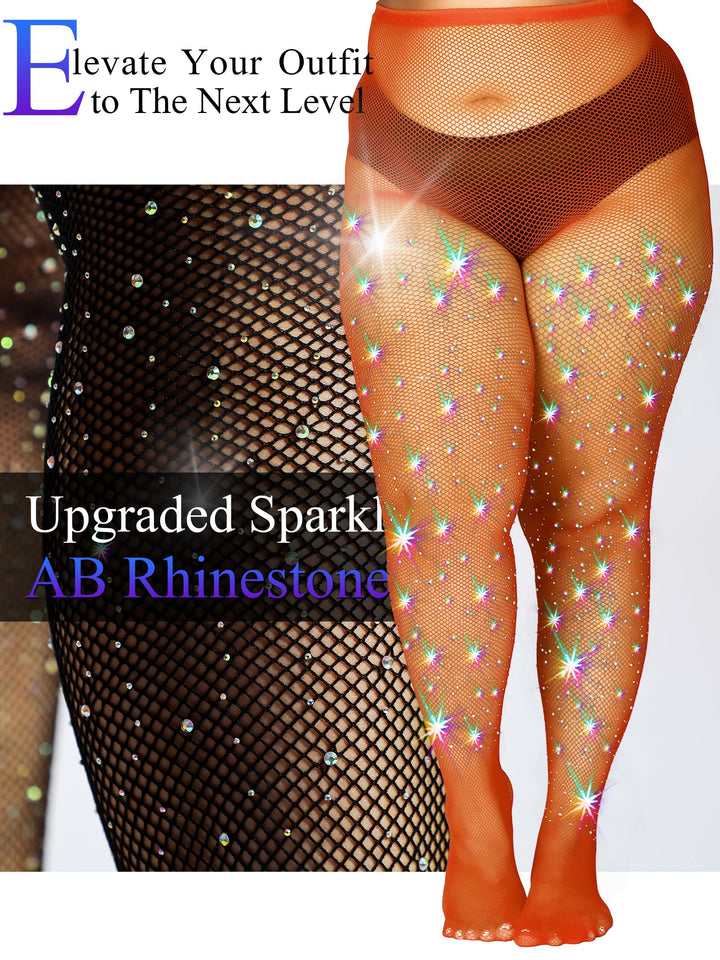 HONENNA Queen Plus Size 10X Strong Rhinestone Fishnet Stockings, Ultra Sparkly High Waist Tights for Women, Party Concert