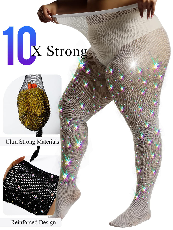 HONENNA Queen Plus Size 10X Strong Rhinestone Fishnet Stockings, Ultra Sparkly High Waist Tights for Women, Party Concert