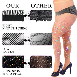 HONENNA Queen Plus Size 10X Strong Rhinestone Fishnet Stockings, Ultra Sparkly High Waist Tights for Women, Party Concert