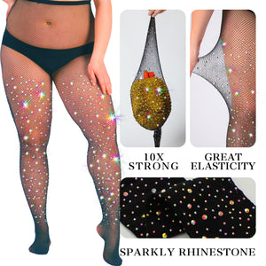 HONENNA Queen Plus Size 10X Strong Rhinestone Fishnet Stockings, Ultra Sparkly High Waist Tights for Women, Party Concert