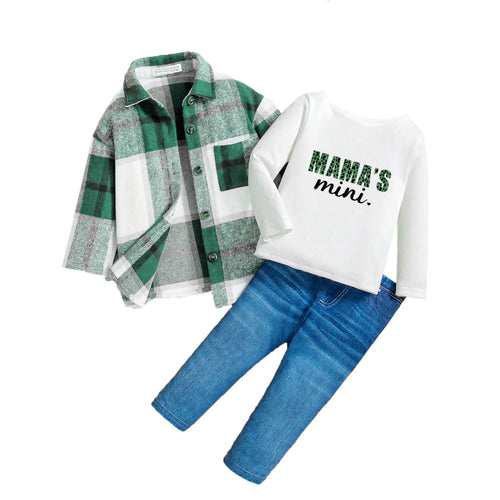 3pcs Girls Outfit Plaid Shirt Leopard Print Letter T Shirt and Stretch Denim Jeans