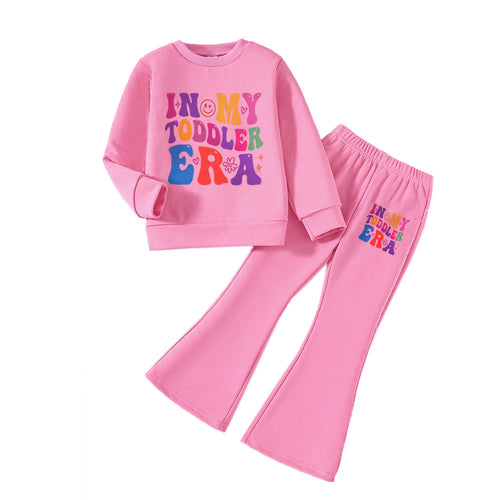 2Pcs Fashionable Letter Print Round Neck Sweatshirt and Flare Pants Set In My Toddler Era