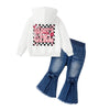 2Pcs Girls' Checkered Floral Letter Print Hoodie and Bow Detail Flare Jeans Set